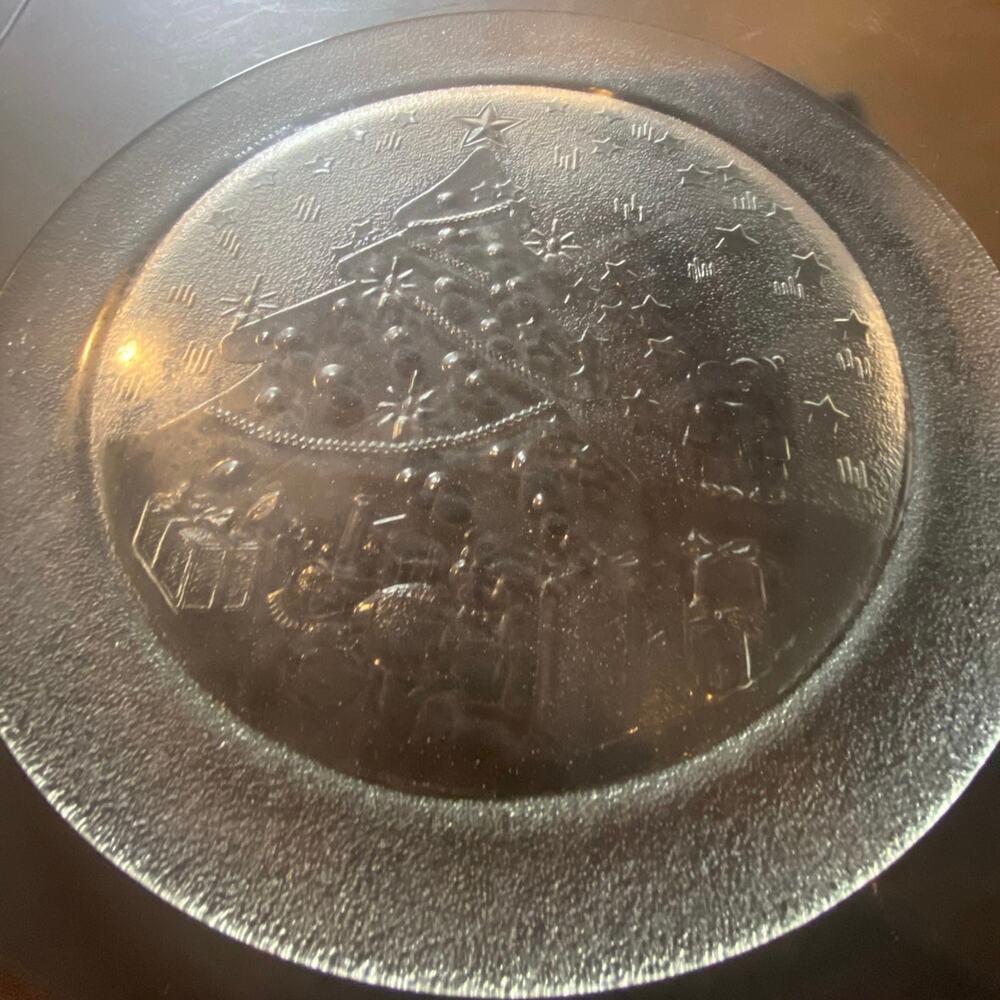 Holiday Clear Glass 13" Platter Embossed Christmas Tree & Presents –Serving Tray - Picture 3 of 4
